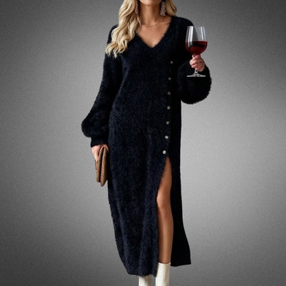 Nayla | Damen Strick-Pulloverkleid mit seitlichem Schlitz und Knöpfen