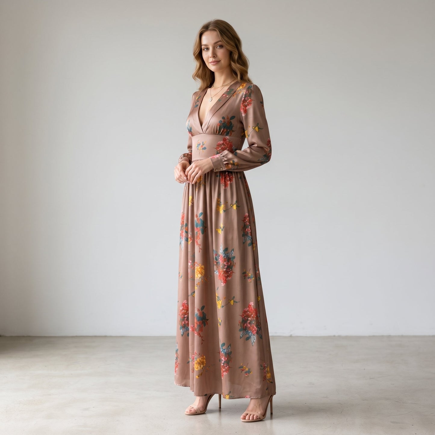 Lina | Damen Maxikleid mit Blumenmuster und langen Ärmeln