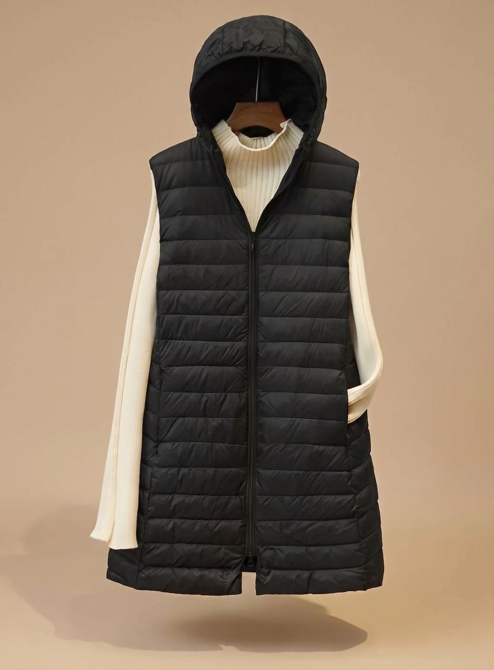 Mia | Damen langer ärmelloser Stepp-Parka mit Kapuze