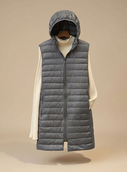 Mia | Damen langer ärmelloser Stepp-Parka mit Kapuze