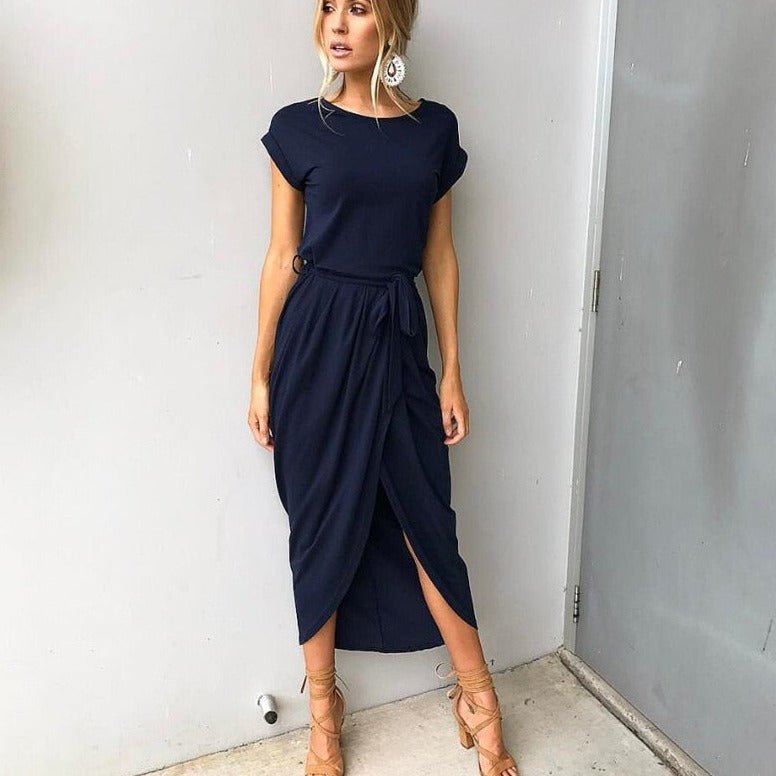 Viola | Abito midi da donna con cintura in vita e spacco | Manica corta