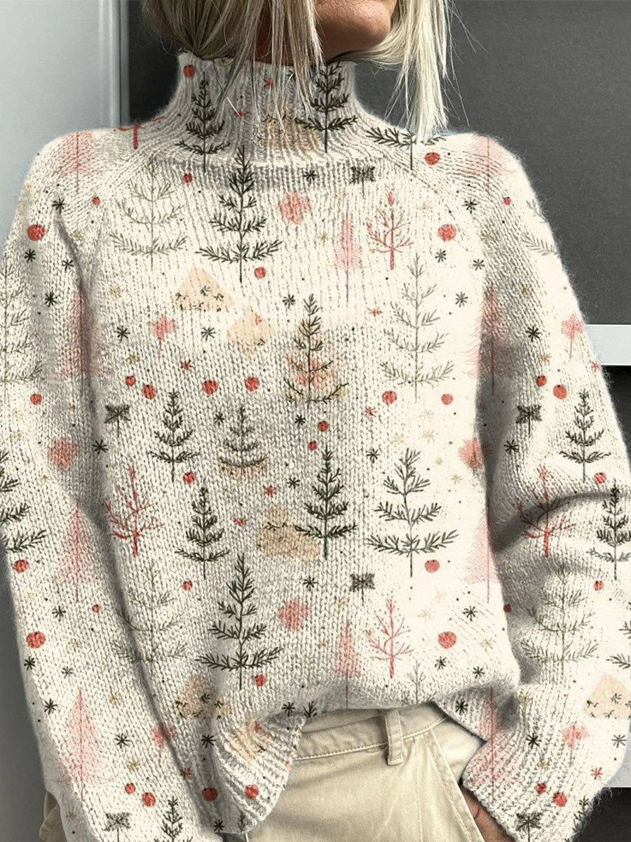 Enie | Damen lockerer Rollkragenpullover mit Weihnachtsbaum-Print
