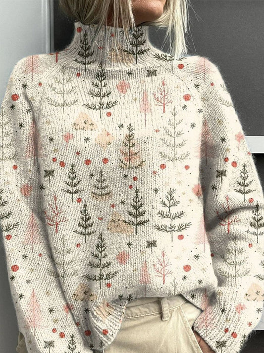 Enie | Damen lockerer Rollkragenpullover mit Weihnachtsbaum-Print