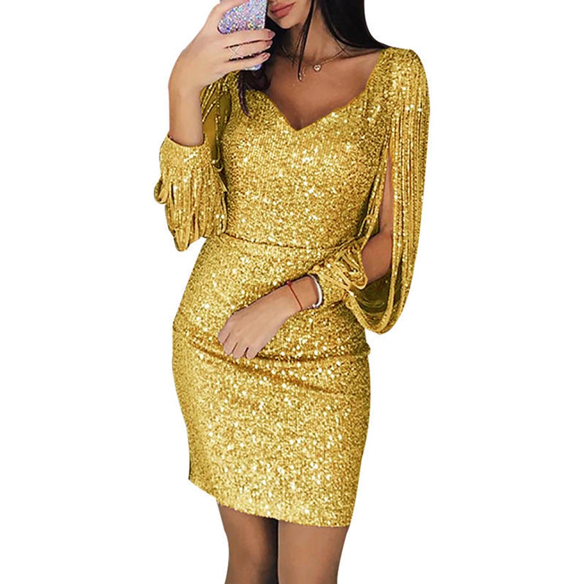 Giada | Damen eng anliegendes Paillettenkleid mit V-Ausschnitt