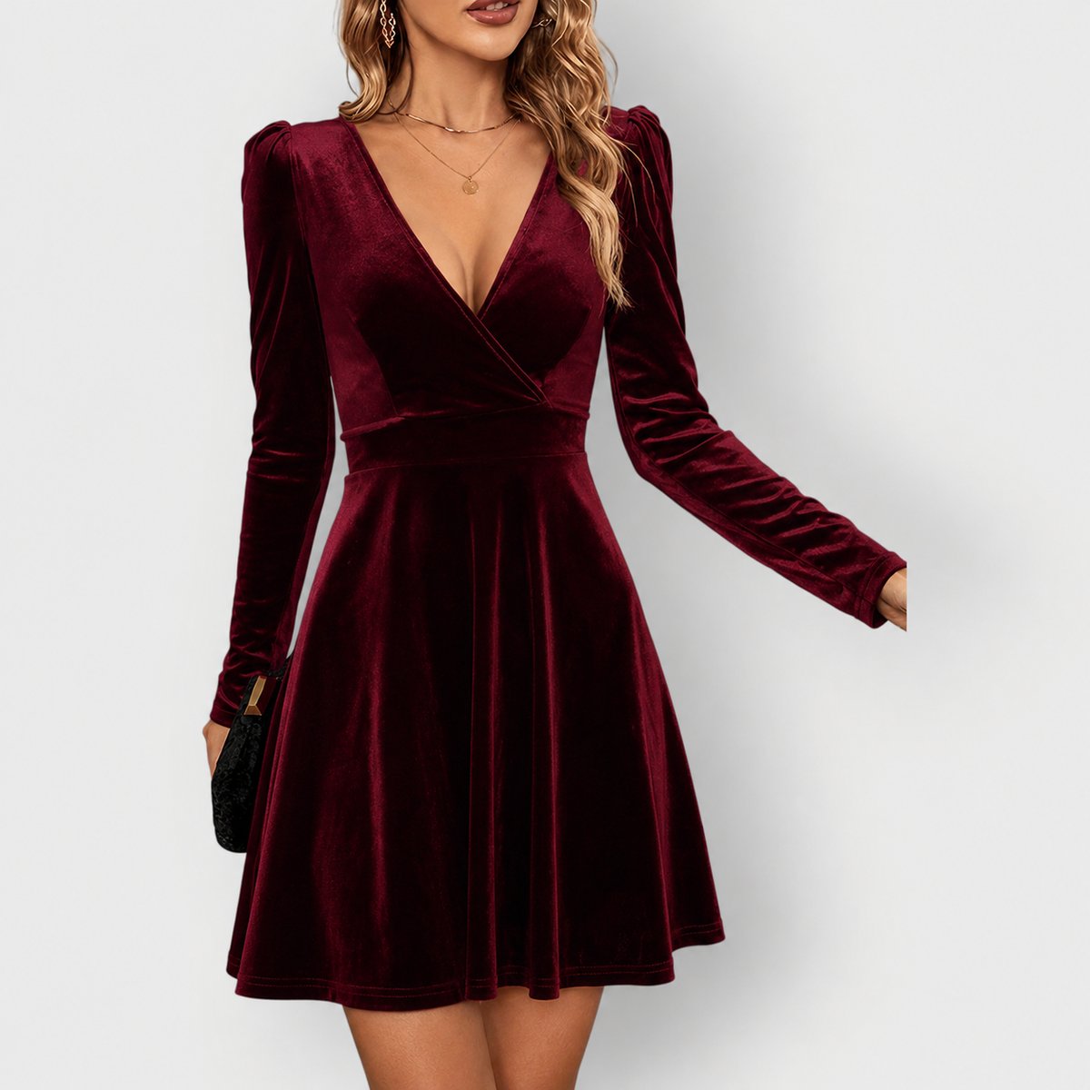 Lynn | Damen Samt-Skaterkleid mit langen Ärmeln und V-Ausschnitt
