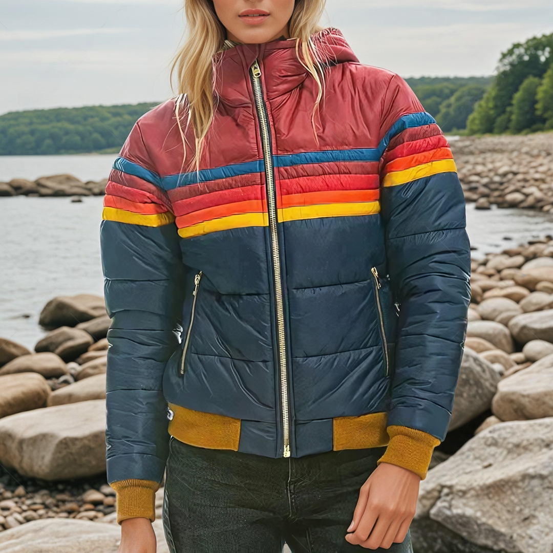 Livia | Damen retro gestreifte Puffer-Jacke mit Kapuze