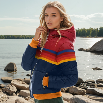 Livia | Damen retro gestreifte Puffer-Jacke mit Kapuze