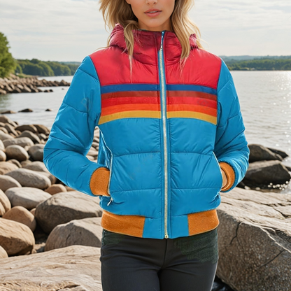 Livia | Damen retro gestreifte Puffer-Jacke mit Kapuze