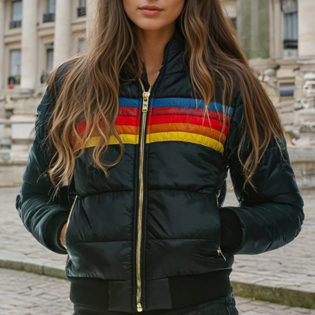 Livia | Damen retro gestreifte Puffer-Jacke mit Kapuze
